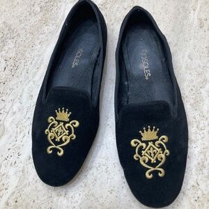 Aerosoles Betunia Women’s Black Suede Leather Slip on Loafers Gold Crest Toe Emb